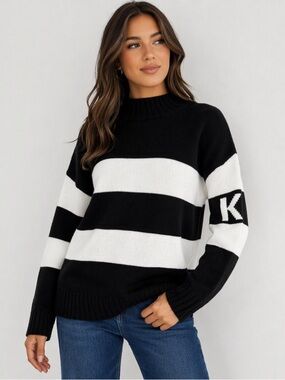 Karl Lagerfeld Black & White Striped Mockneck Knit Sweater Size M NWT